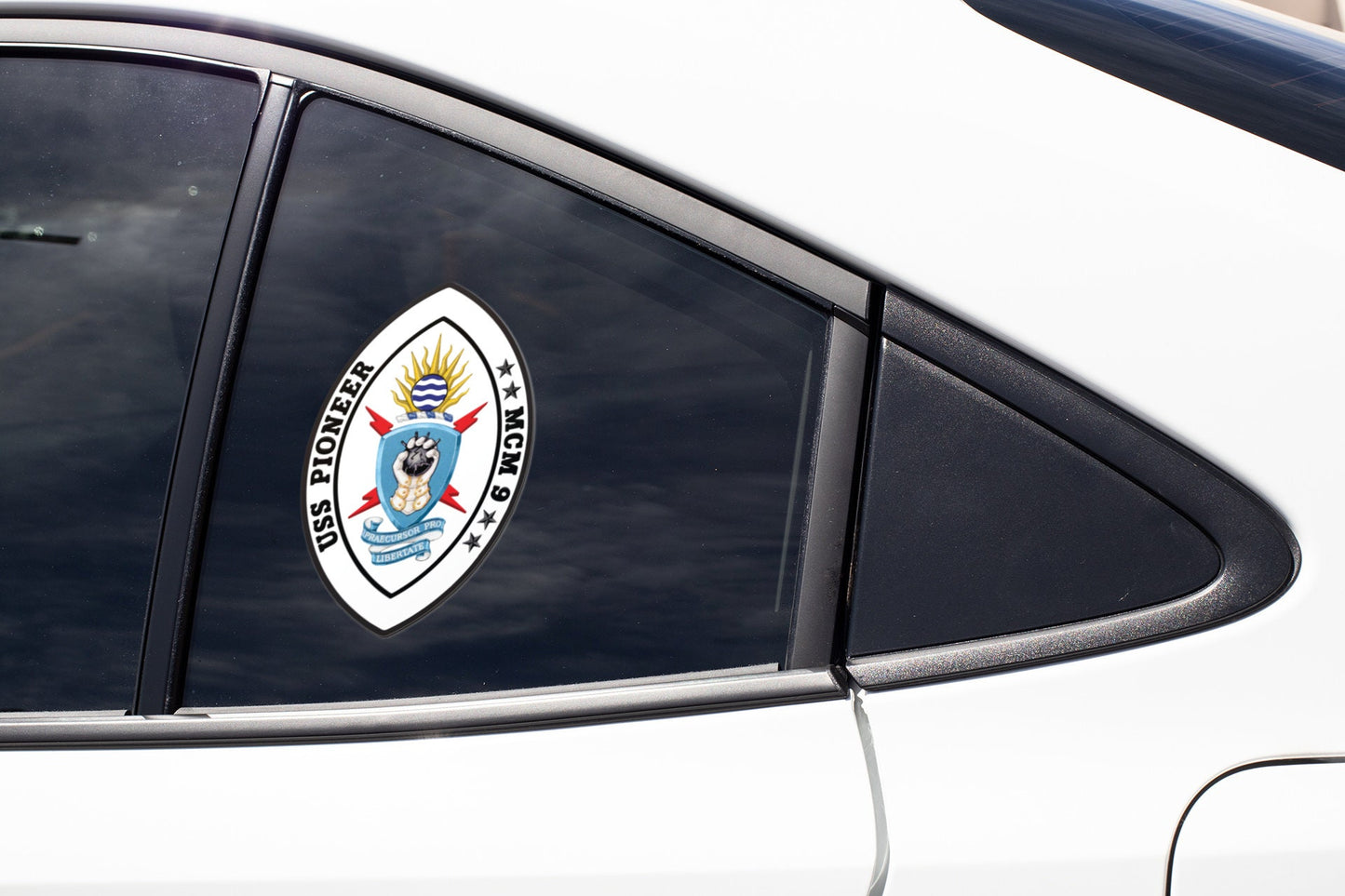 USS Pioneer MCM-9 Badge Sticker Decal Avenger Class Mine Countermeasures Ship Car Sticker Bumper Sticker for Car Emblem