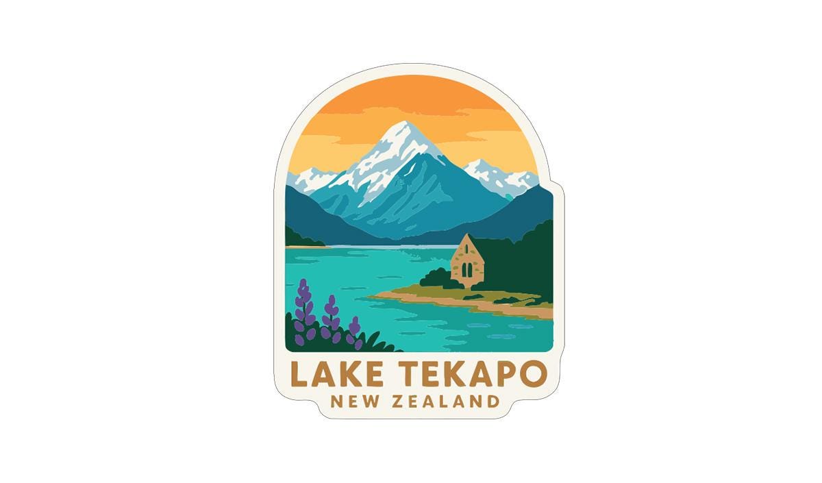 A sticker depicting Lake Tekapo, a mountain lake in New Zealand, with a colorful landscape featuring mountains, a lake, and a small cabin.
