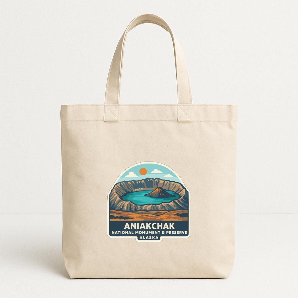 A beige tote bag with a graphic design featuring a mountain landscape and a lake, along with the text "ANIACHAK NATIONAL MONUMENT & PRESERVE ALASKA".