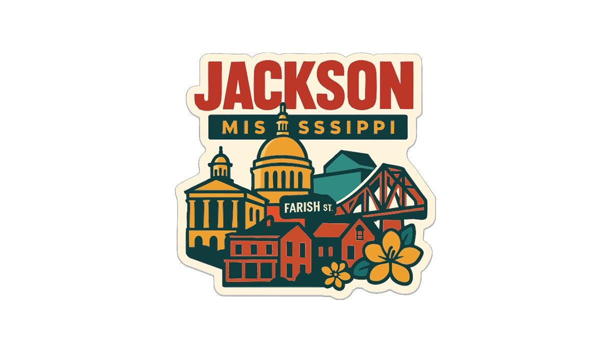 A sticker depicting the city of Jackson, Mississippi, with various landmarks and buildings, including a dome and a bridge.