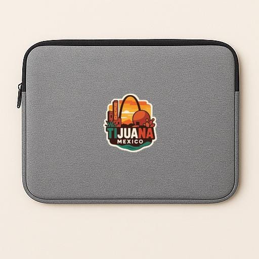 A gray laptop sleeve with a colorful graphic of a sunset and the text "JUANA MEXICO" printed on it.