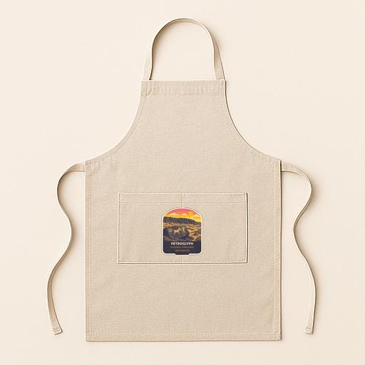 A beige apricot with a small graphic of a sunset on it, displayed against a plain background.