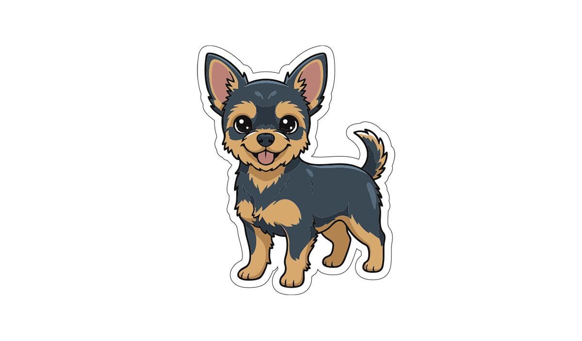 A cartoon illustration of a small dog with a friendly expression.