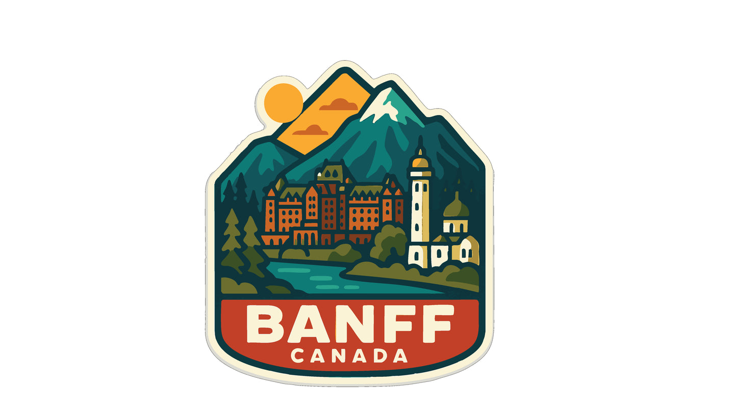 A stylized sticker or emblem featuring a mountain landscape with a castle, a lighthouse, and a river, along with the text "BANFF CANADA".
