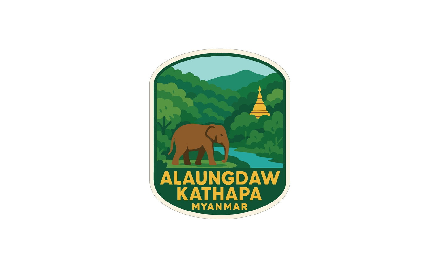 an elephant walking in a lush green forest with a temple in the background.