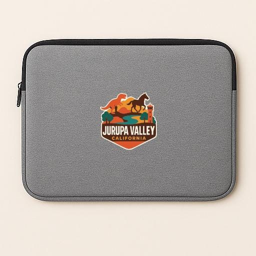 A gray laptop sleeve with a colorful graphic of a horse and a valley, along with the text "JURUPA VALLEY CALIFORNIA".