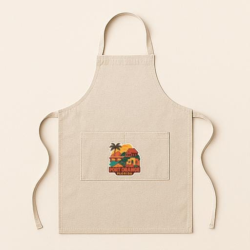 A beige apricot with a graphic design on the front pocket, featuring a palm tree and a beach scene.