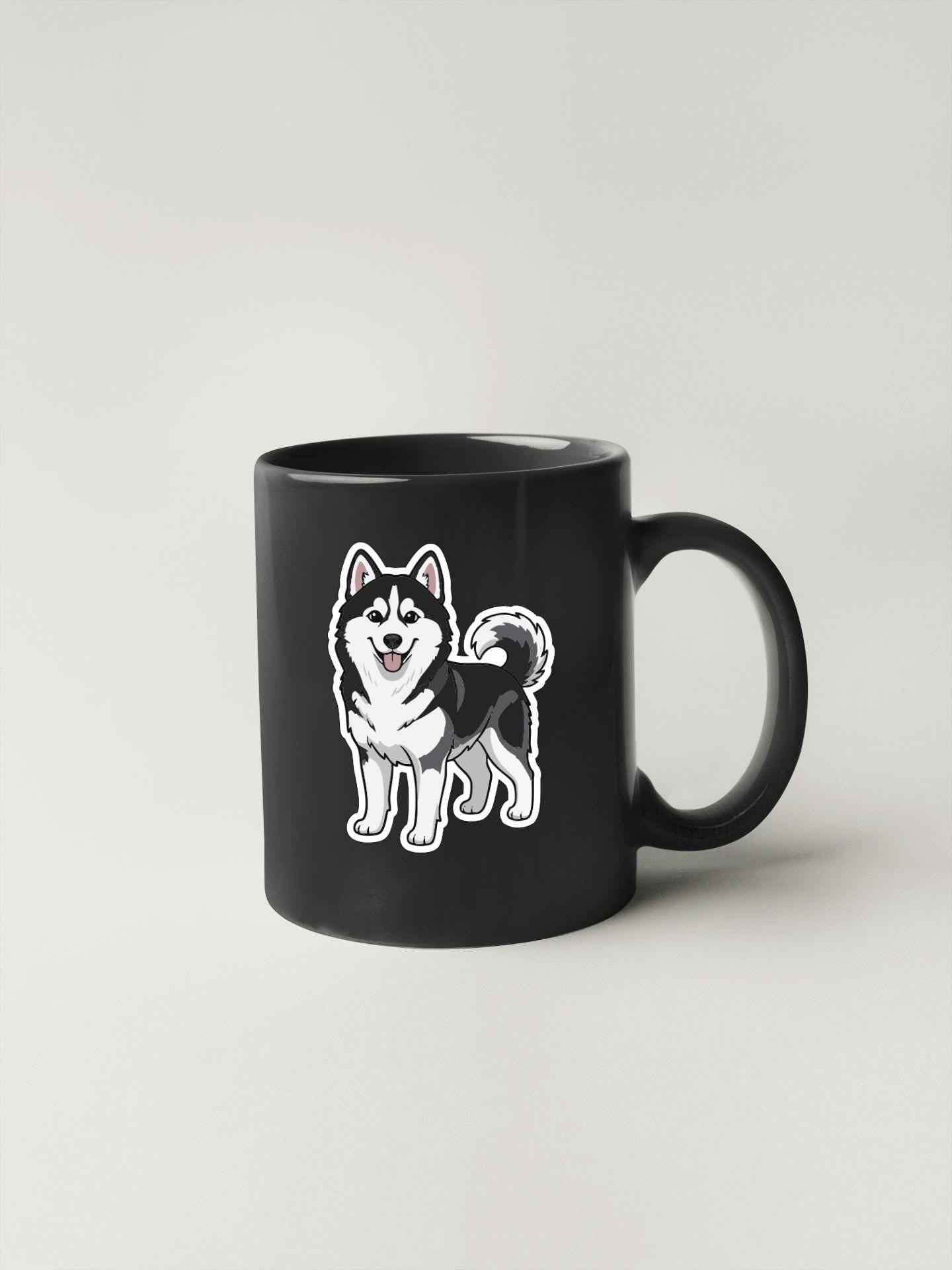 A black mug with a cartoon illustration of a husky dog on it.