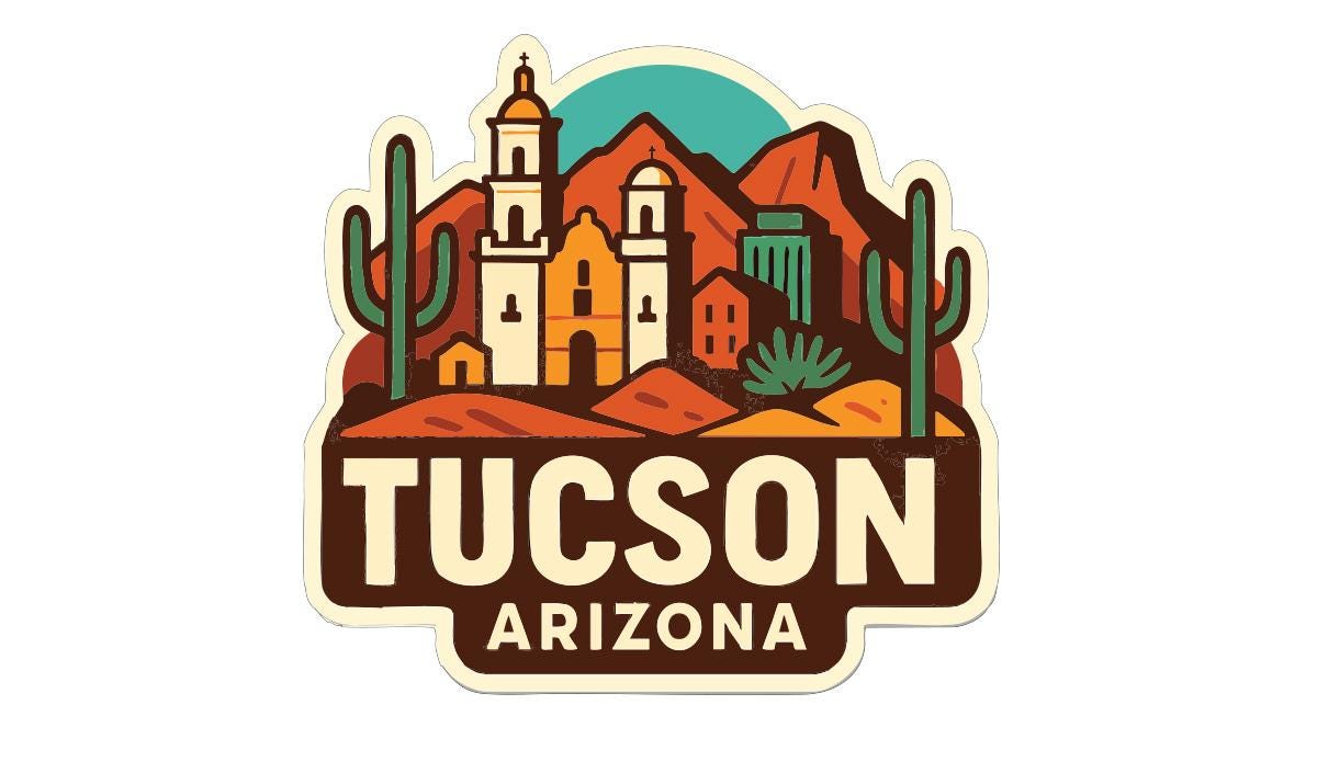 A stylized illustration of the city of Tucson, Arizona, featuring a variety of architectural styles and landmarks such as a church, a bell tower, and cacti.