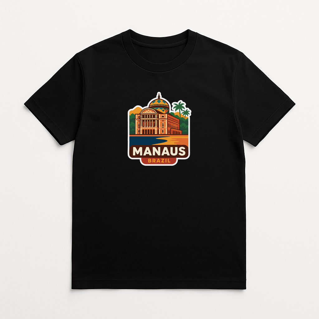 A black t-shirt with a graphic design depicting a building and palm trees, along with the text "MANAUS BRAZIL" printed on it.