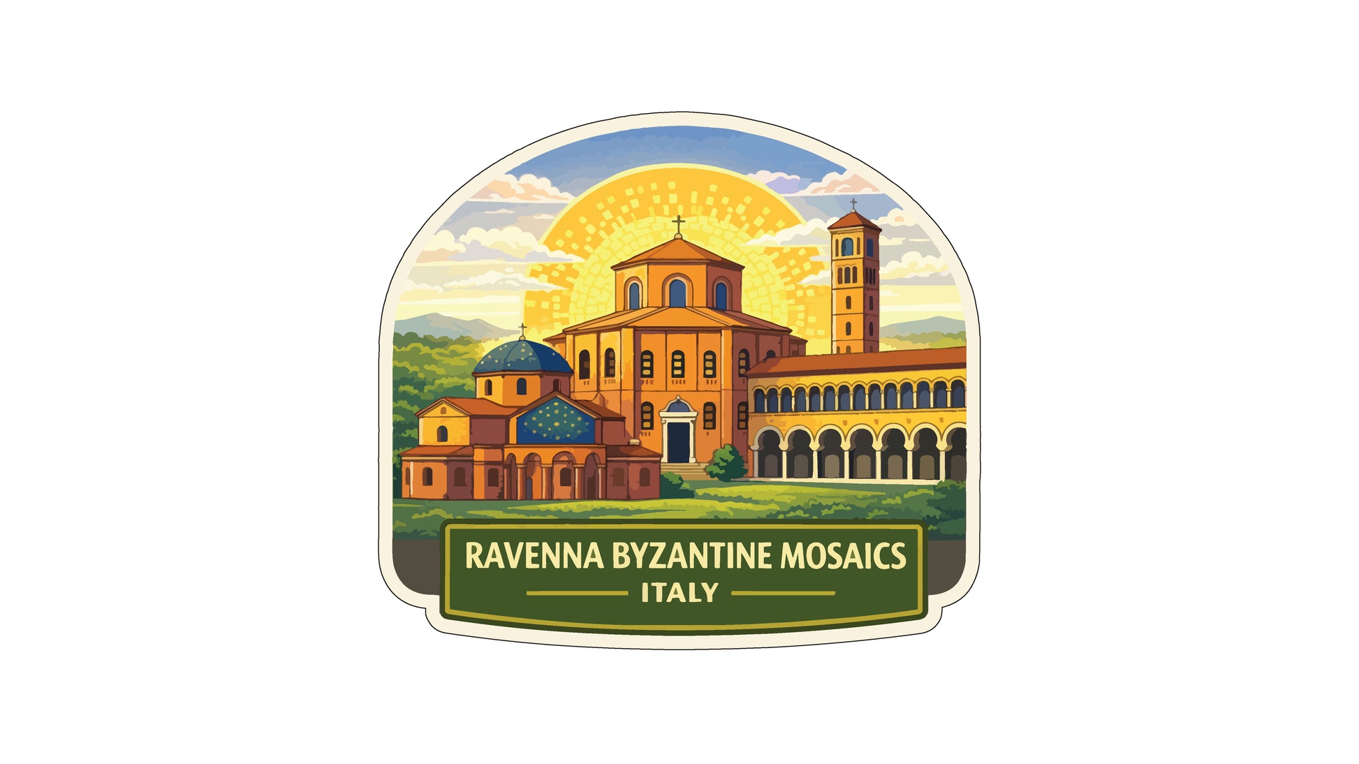 a large, colorful illustration of the Ravenna Byzantine Mosaics in Italy, showcasing the intricate and vibrant artwork.