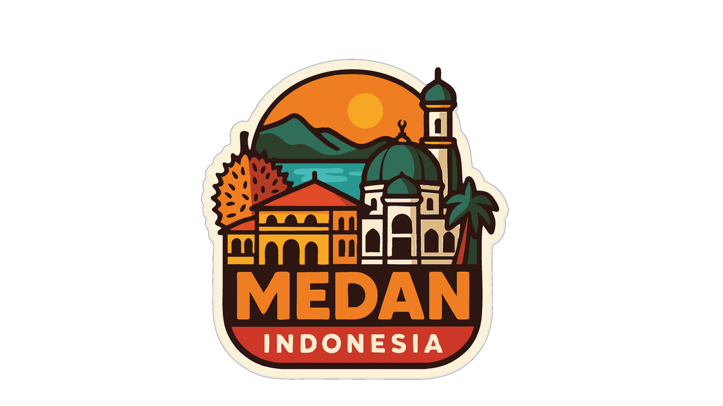 a sticker or logo with a stylized illustration of a city skyline, including a mosque, surrounded by a sunset and mountains. The text "MEDAN INDONESIA" is prominently displayed in the center of the image.