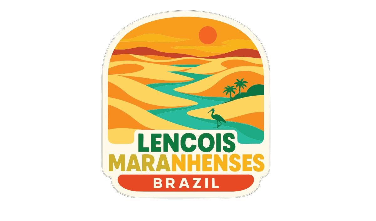a sticker or label with a desert landscape and a bird, likely representing the Lencois Maranhenses, a famous landmark in Brazil.