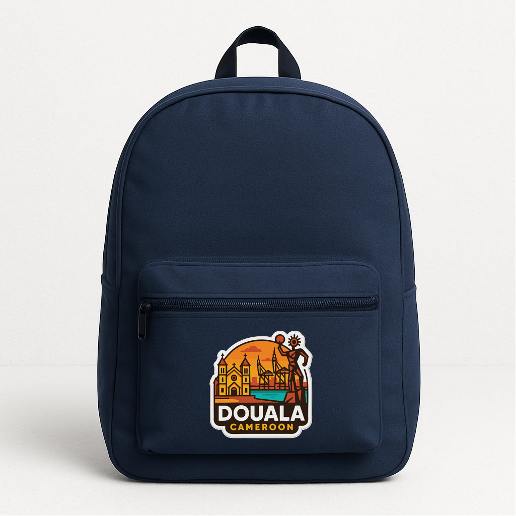 A navy blue backpack with a graphic of Douala, the capital city of Cameroon, printed on it.
