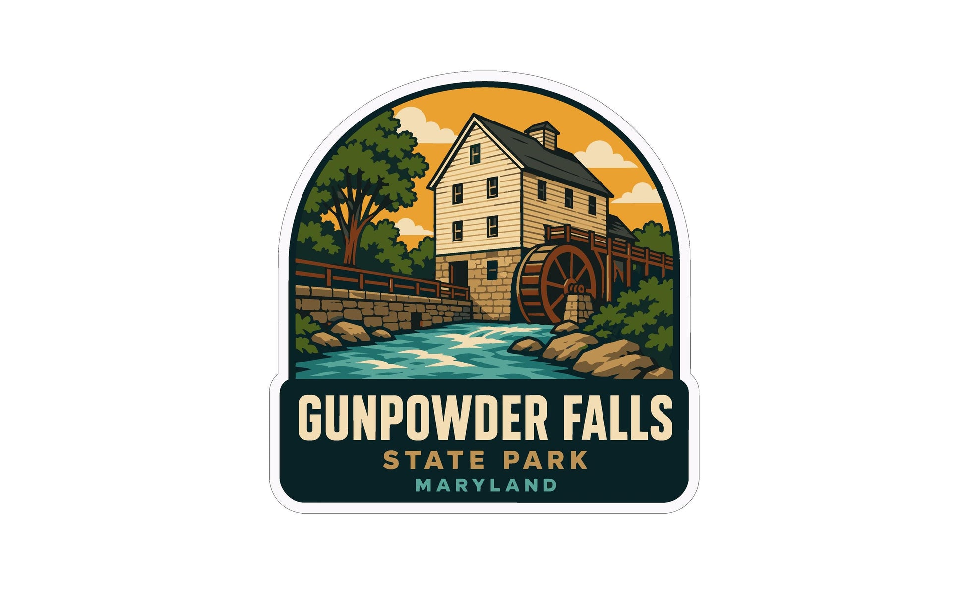 a stylized illustration of a building with a watermill, surrounded by trees and a river, with the text "Gunpowder Falls State Park Maryland" below it.