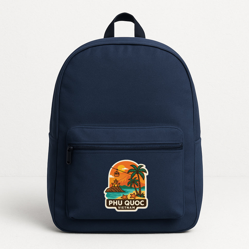 A navy blue backpack with a sticker on the front that says "PHU QUOC VIEHAN".