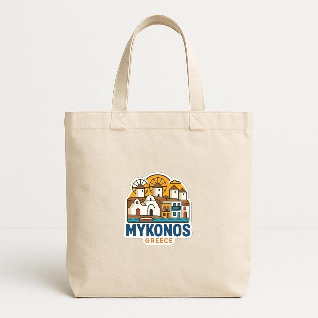 A beige tote bag with a graphic design depicting a cityscape and the text "MYKONOS GREECE" printed on it.