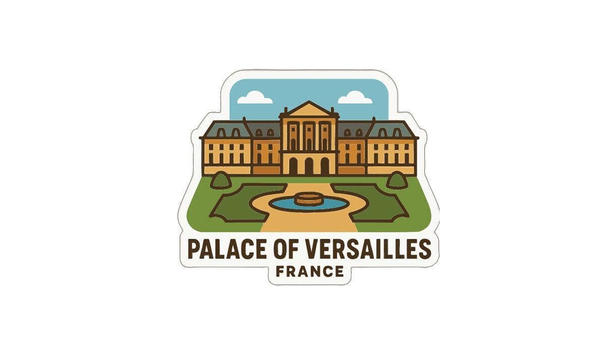 a sticker or logo depicting the Palace of Versailles in France.