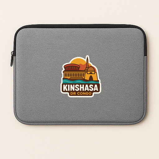 A gray laptop sleeve with a logo for Kinshasa, the capital city of the Democratic Republic of Congo.