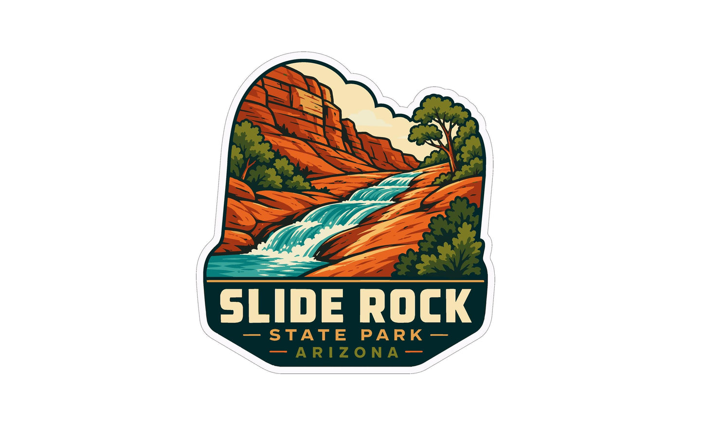 A sticker depicting a scenic landscape with a waterfall, mountains, and trees, with the text "SLIDE ROCK STATE PARK ARIZONA" prominently displayed.