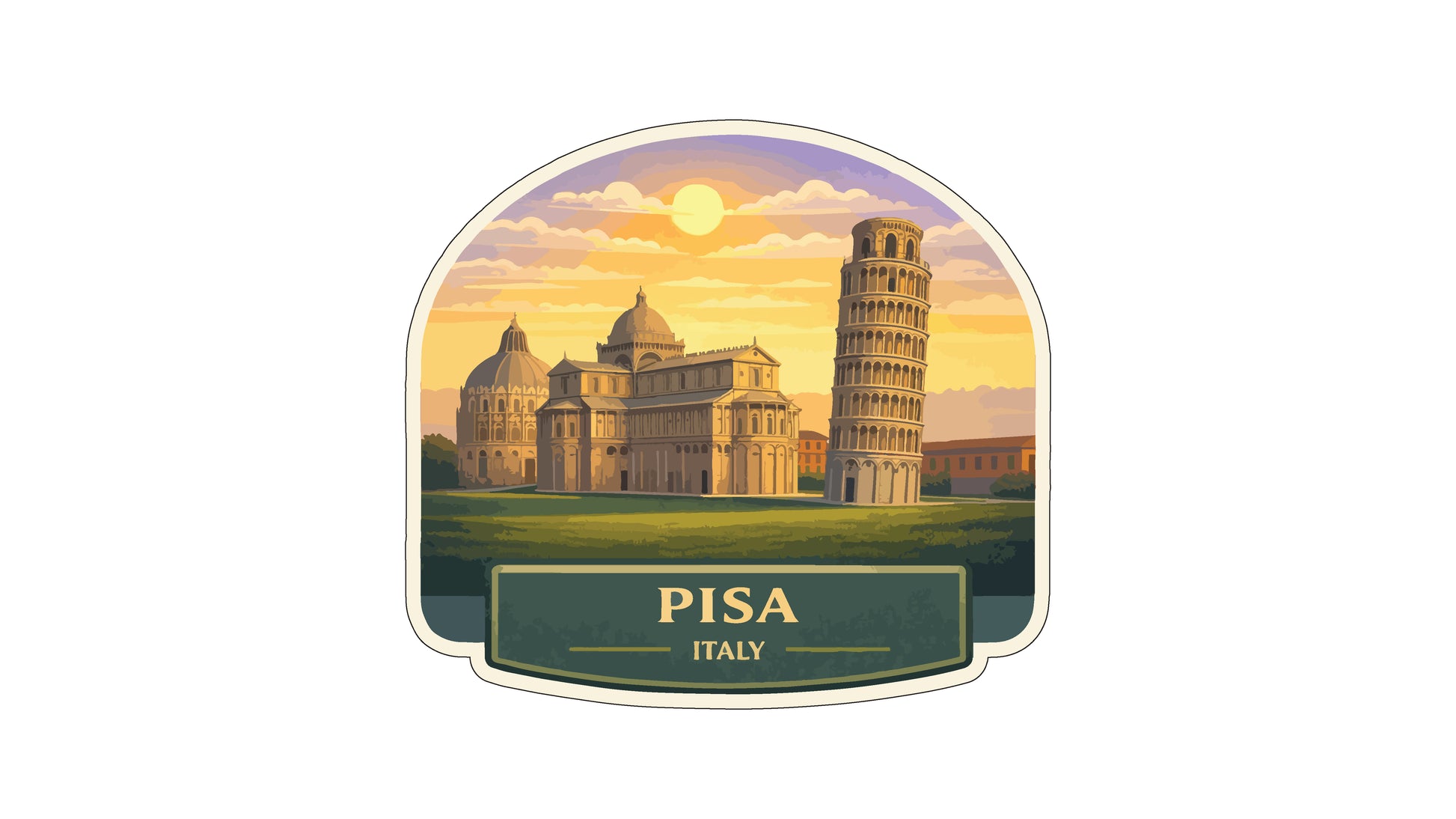 the Leaning Tower of Pisa, a famous landmark in Italy, with the sun setting in the background.