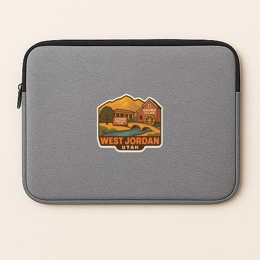 A gray laptop sleeve with a graphic design depicting a scenic landscape with mountains, a river, and a building.