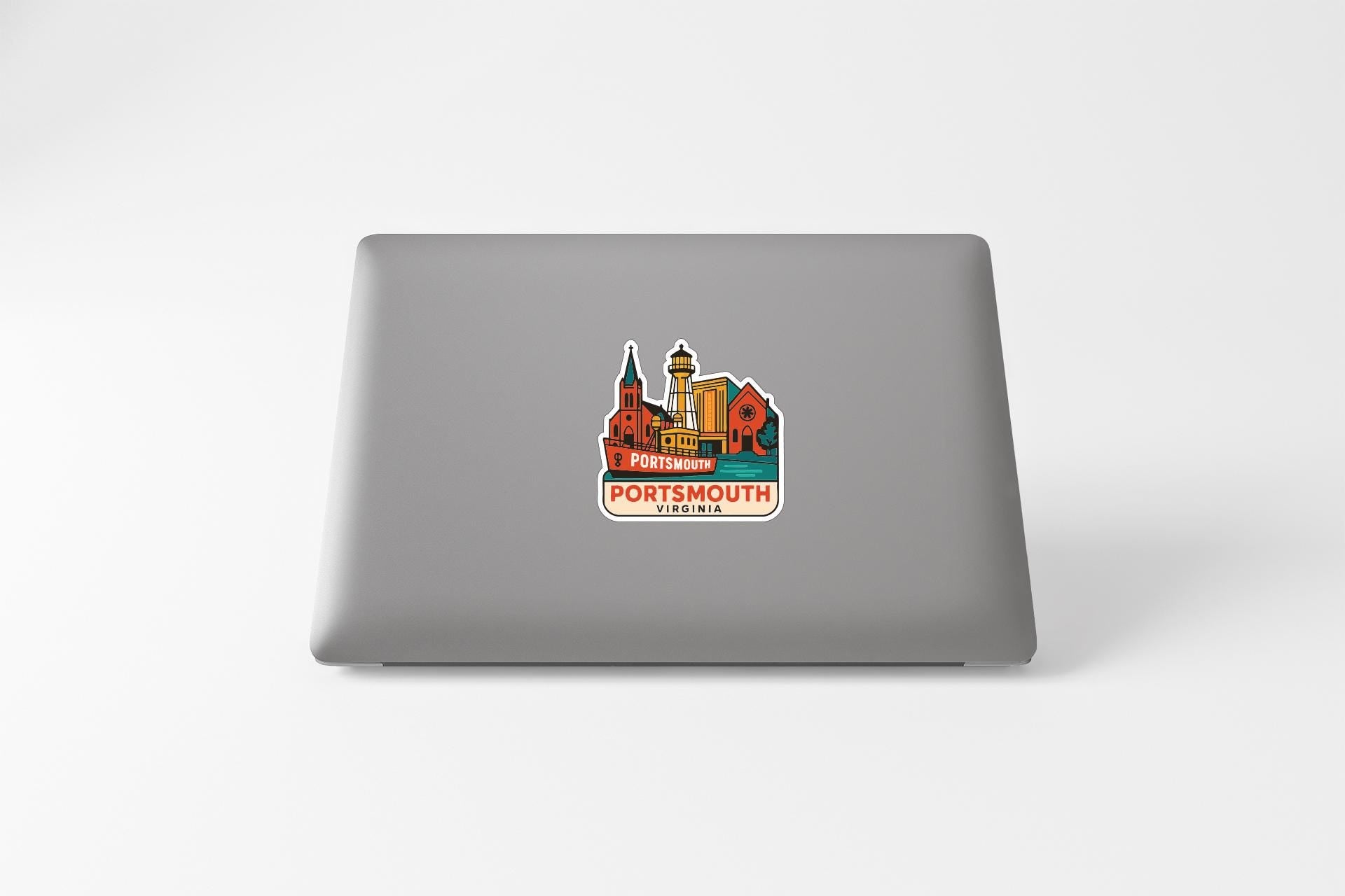 A sticker featuring a colorful illustration of a city skyline with the text "PORTSMOUTH VIRGINIA" on it.