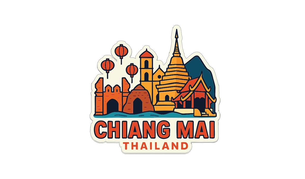 A sticker or illustration depicting the skyline of Chiang Mai, Thailand, with various buildings and landmarks.