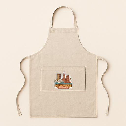 A beige apricot with a graphic of a city skyline on the front pocket.