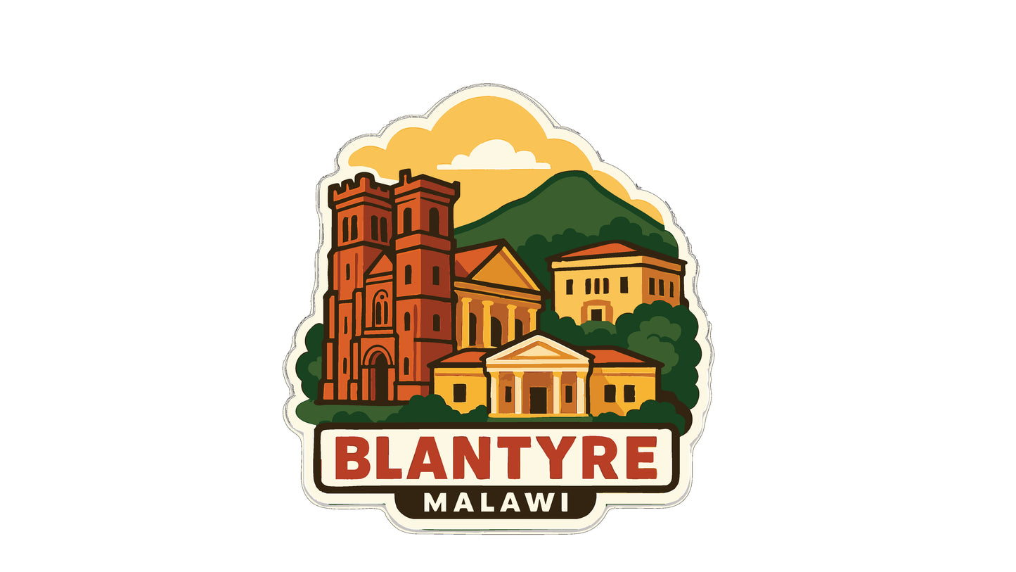 a stylized illustration of a cityscape with buildings, a castle, and a mountain in the background.
