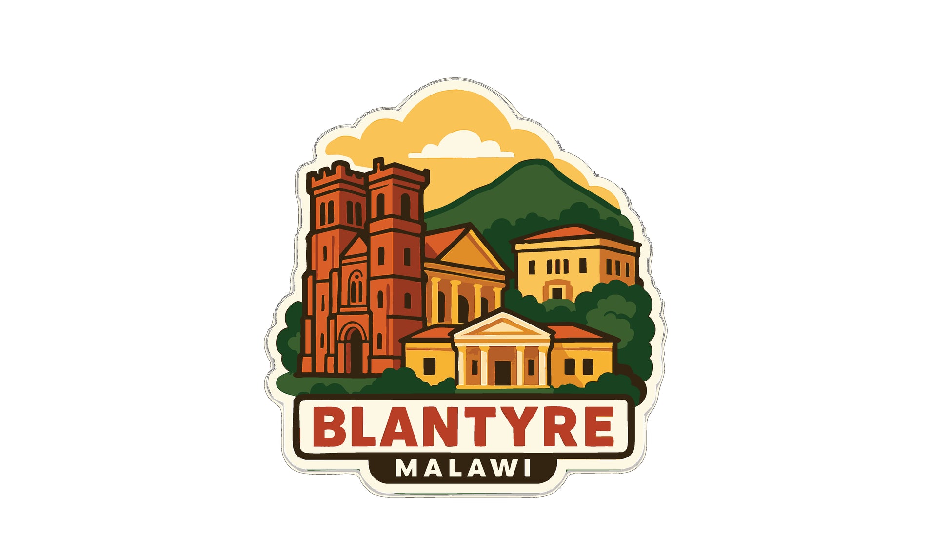 a stylized illustration of a cityscape with buildings, a castle, and a mountain in the background.
