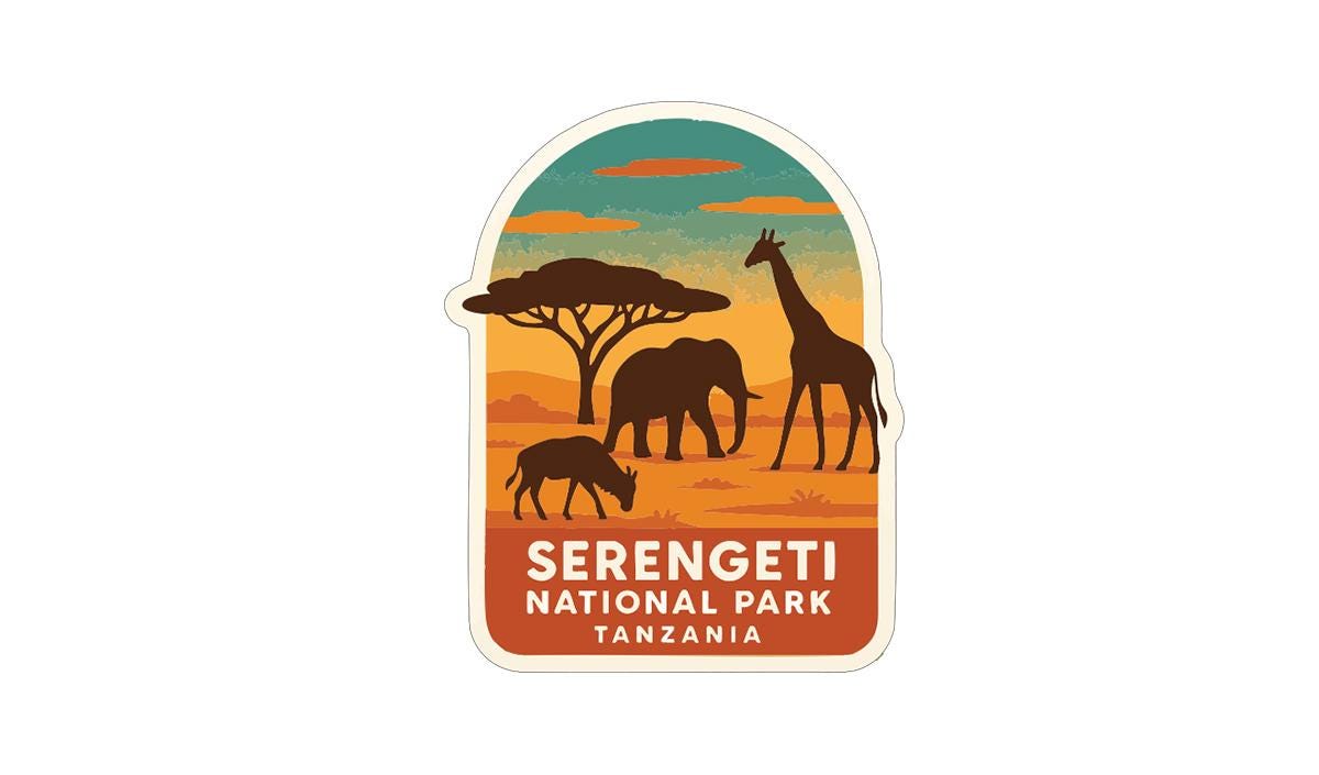 a sticker or label with a stylized illustration of a giraffe, elephant, and other wildlife in a natural landscape, representing the Serengeti National Park in Tanzania.