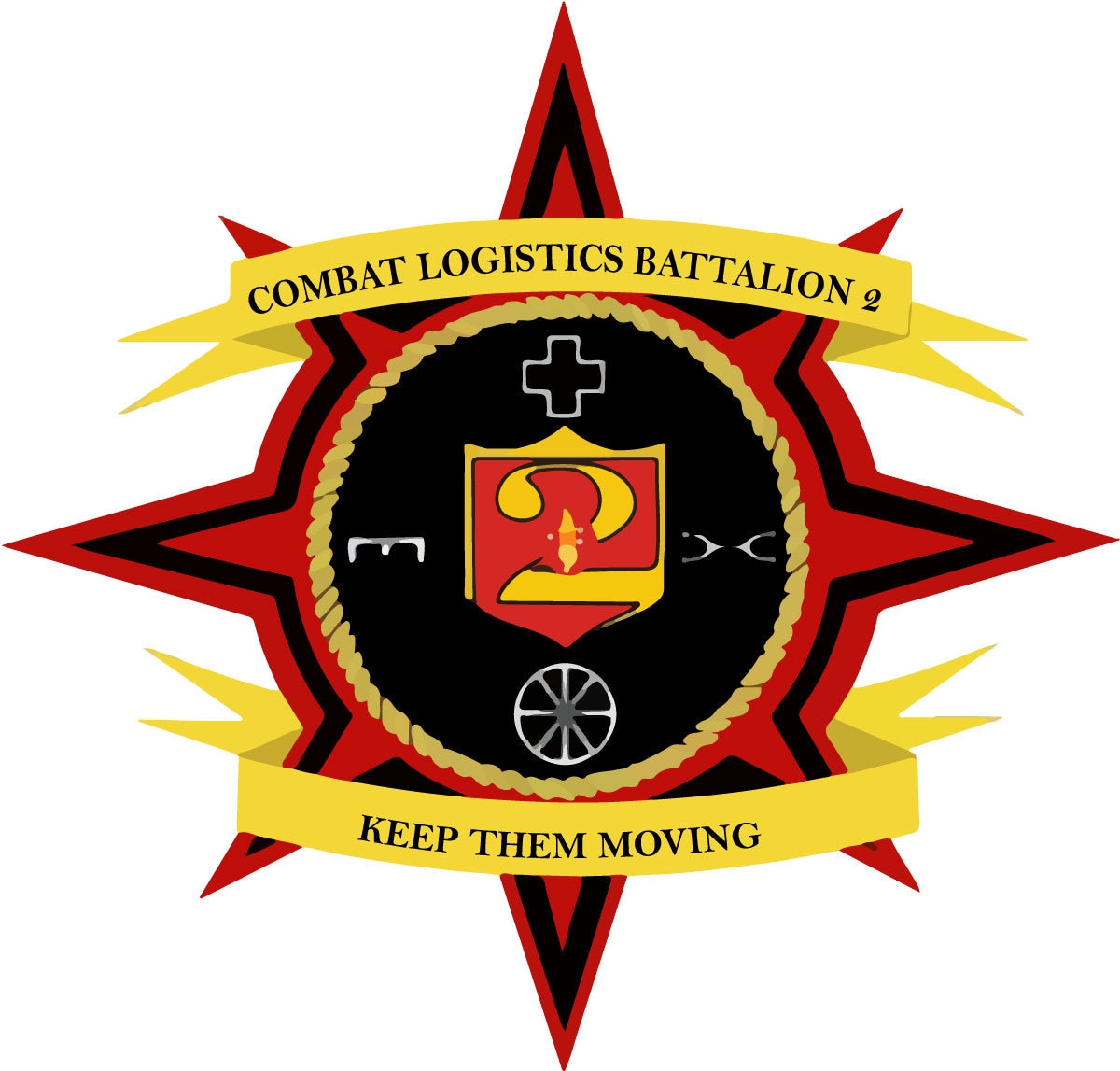 a red and black star with a yellow ribbon around it
