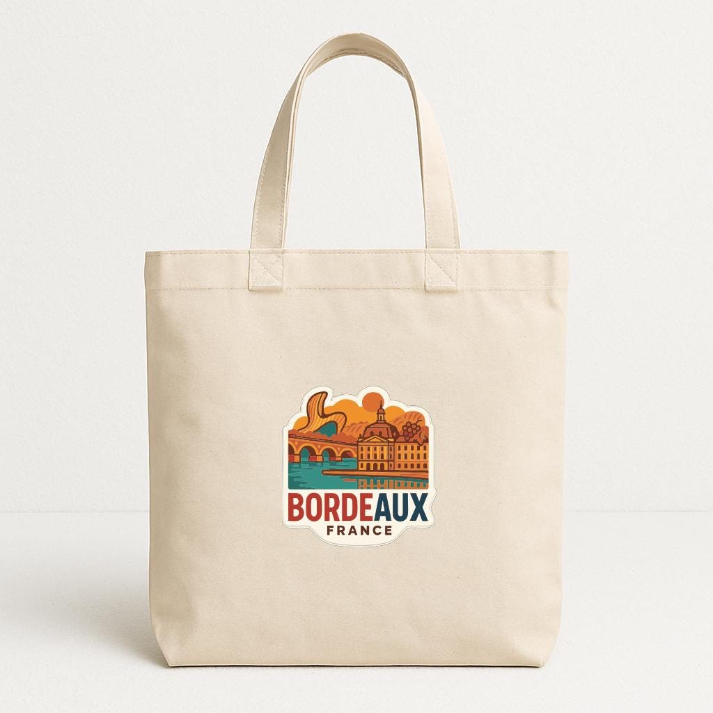 A beige tote bag with a printed design featuring a cityscape and the text "BORDEAUX FRANCE" printed on it.