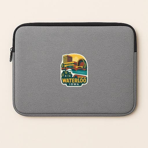 A gray laptop sleeve with a sticker depicting a scenic view of Waterloo, Iowa.