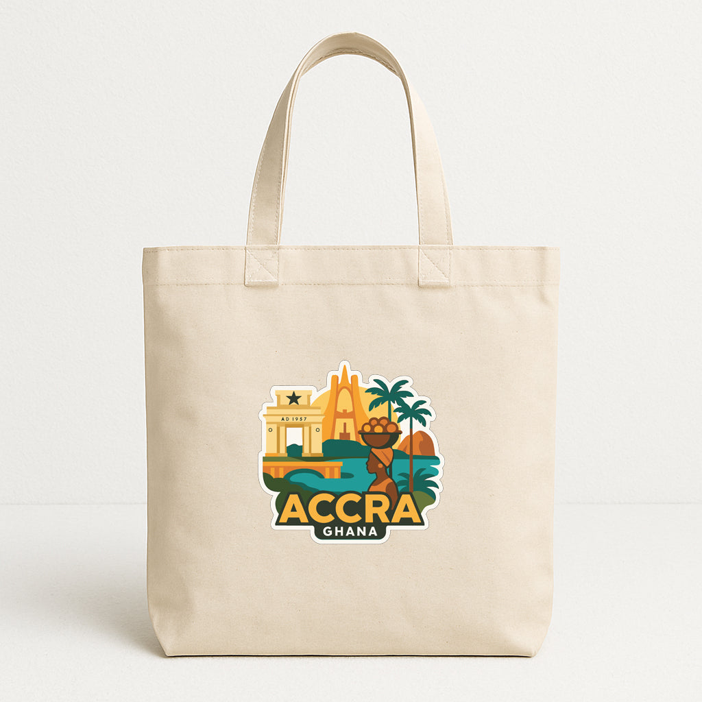 A beige tote bag with a graphic design featuring various landmarks and symbols associated with Accra, Ghana.