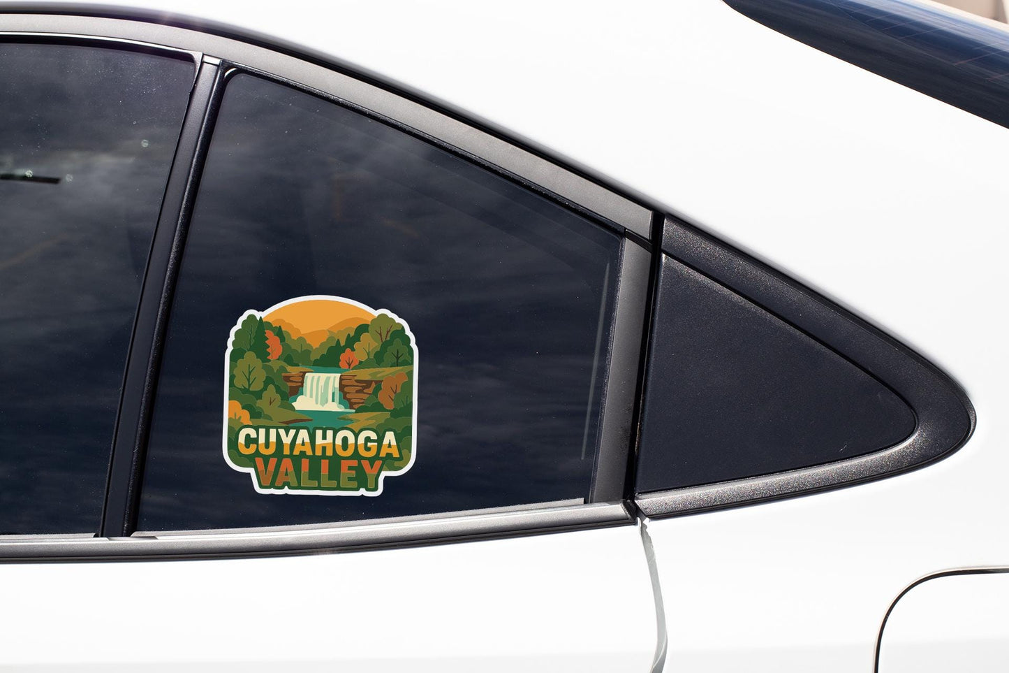 A sticker on the side of a car window that says "Cuyahoga Valley".
