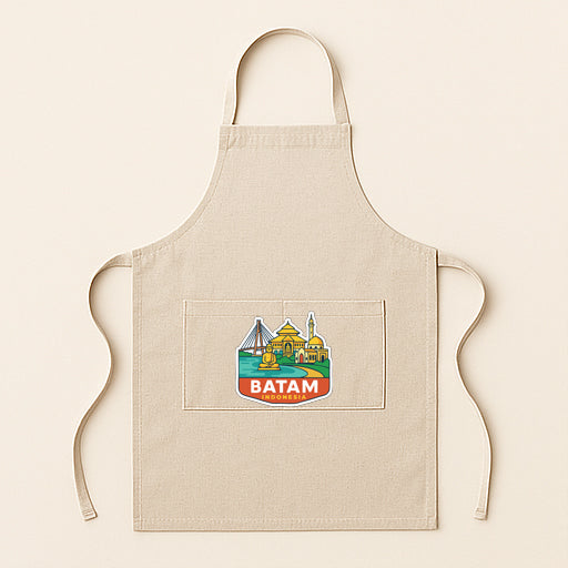 A beige apricot with a graphic of a cityscape and the word "BATAM" printed on it.