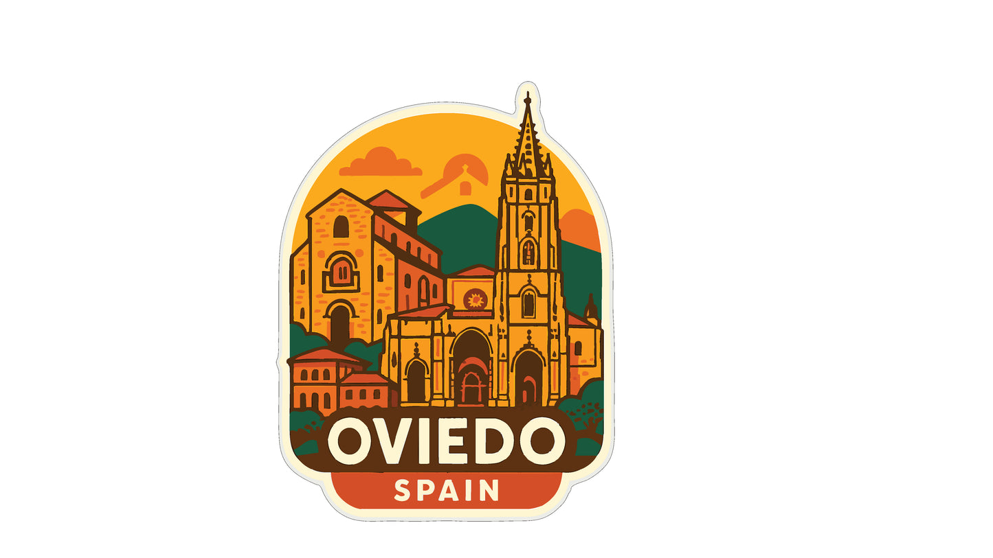 a sticker or emblem with a stylized illustration of a cityscape, including a tall tower, surrounded by buildings and mountains. The text "OVIEDO SPAIN" is prominently displayed in the center of the image.