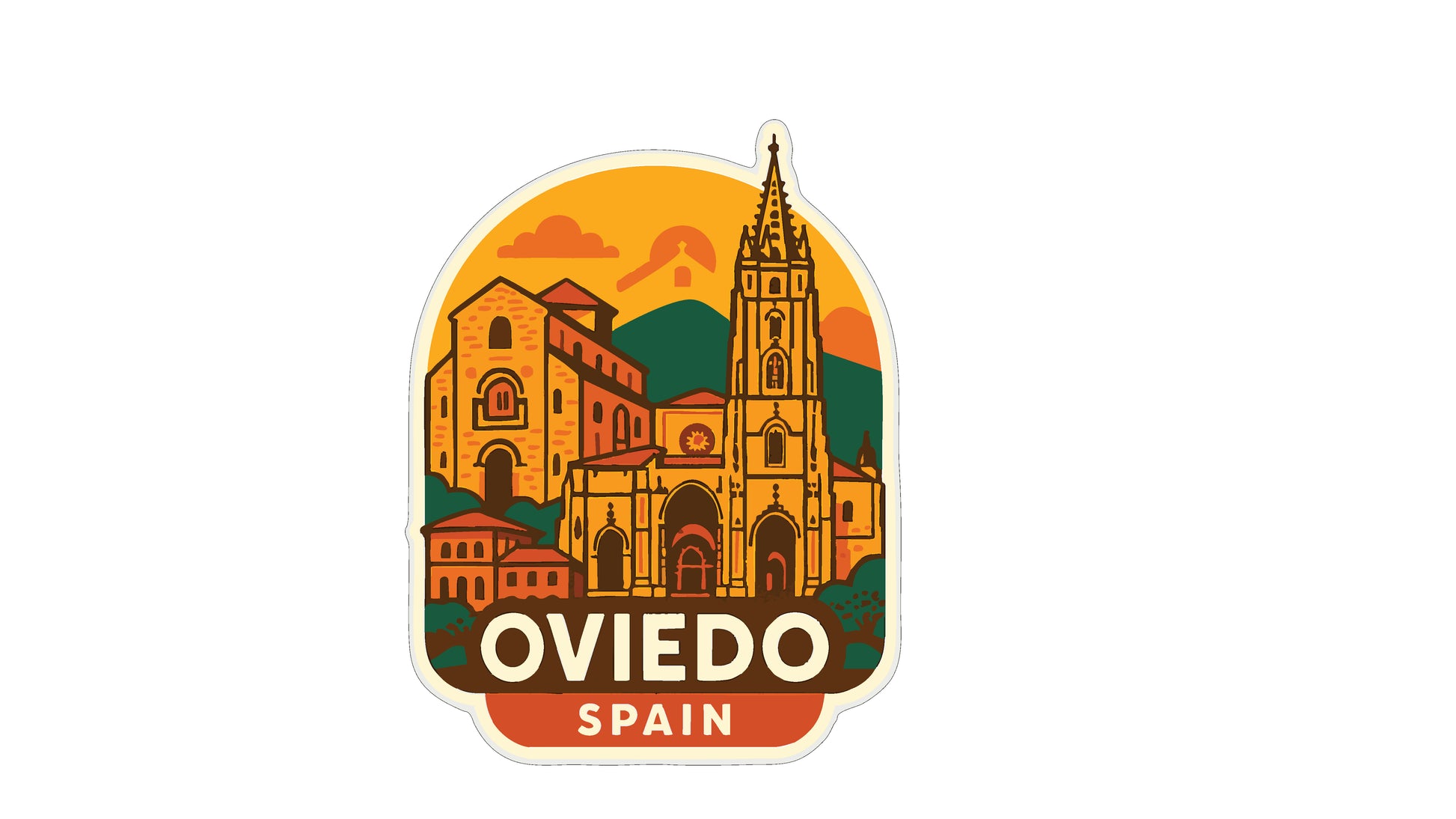 a sticker or emblem with a stylized illustration of a cityscape, including a tall tower, surrounded by buildings and mountains. The text "OVIEDO SPAIN" is prominently displayed in the center of the image.