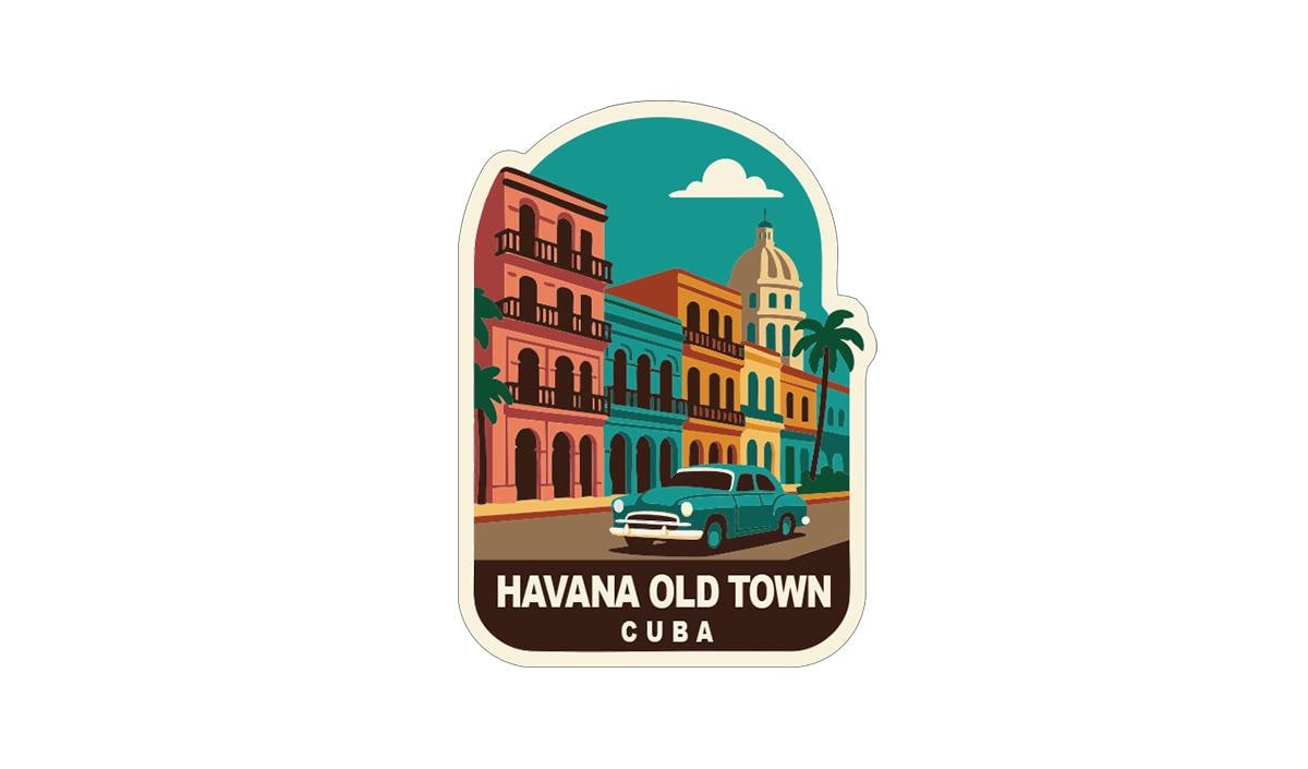 A vintage-style illustration of a street scene in Havana, Cuba, featuring colorful buildings, a classic car, and a palm tree.