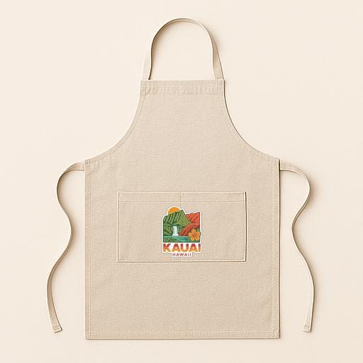 A beige apricot with a graphic of Hawaii and the word "KAUI" printed on it.