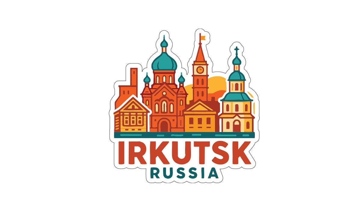 a stylized illustration of the city of Irkutsk, Russia, with various buildings and landmarks depicted in a colorful and vibrant manner.