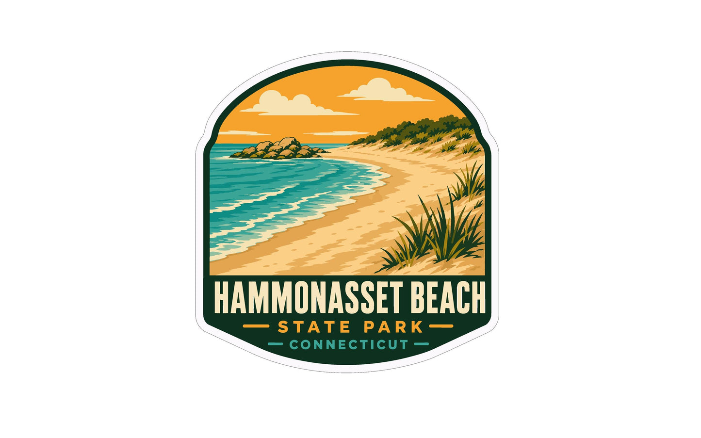 A sticker depicting a scenic beach landscape with a rocky outcrop, sandy beach, and ocean waves.