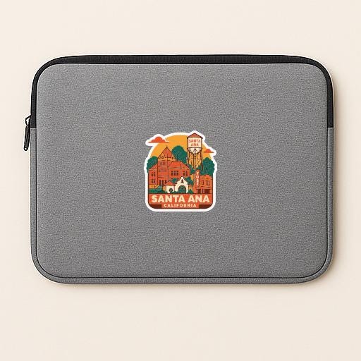 A gray laptop sleeve with a sticker depicting Santa Ana, California.