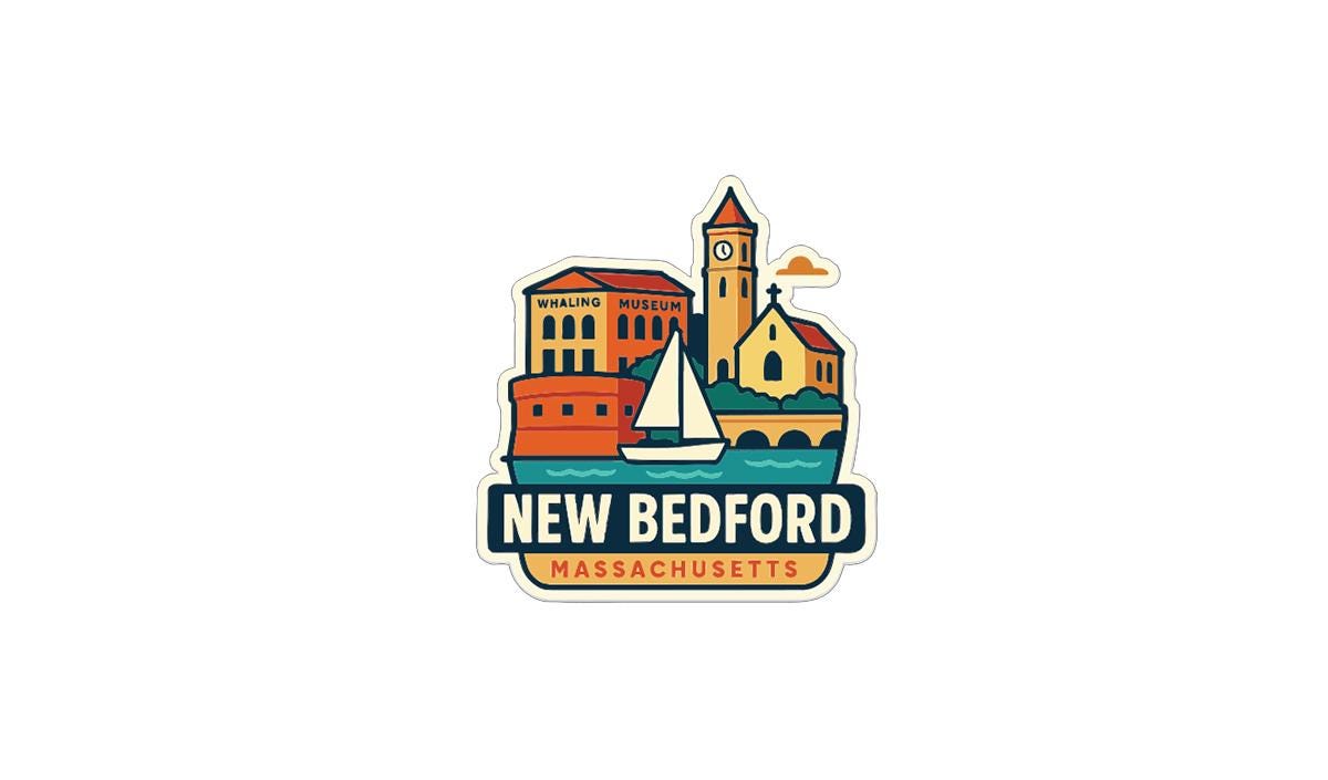 A colorful sticker or logo depicting the city of New Bedford, Massachusetts, with various landmarks and buildings, including a clock tower and a sailboat.