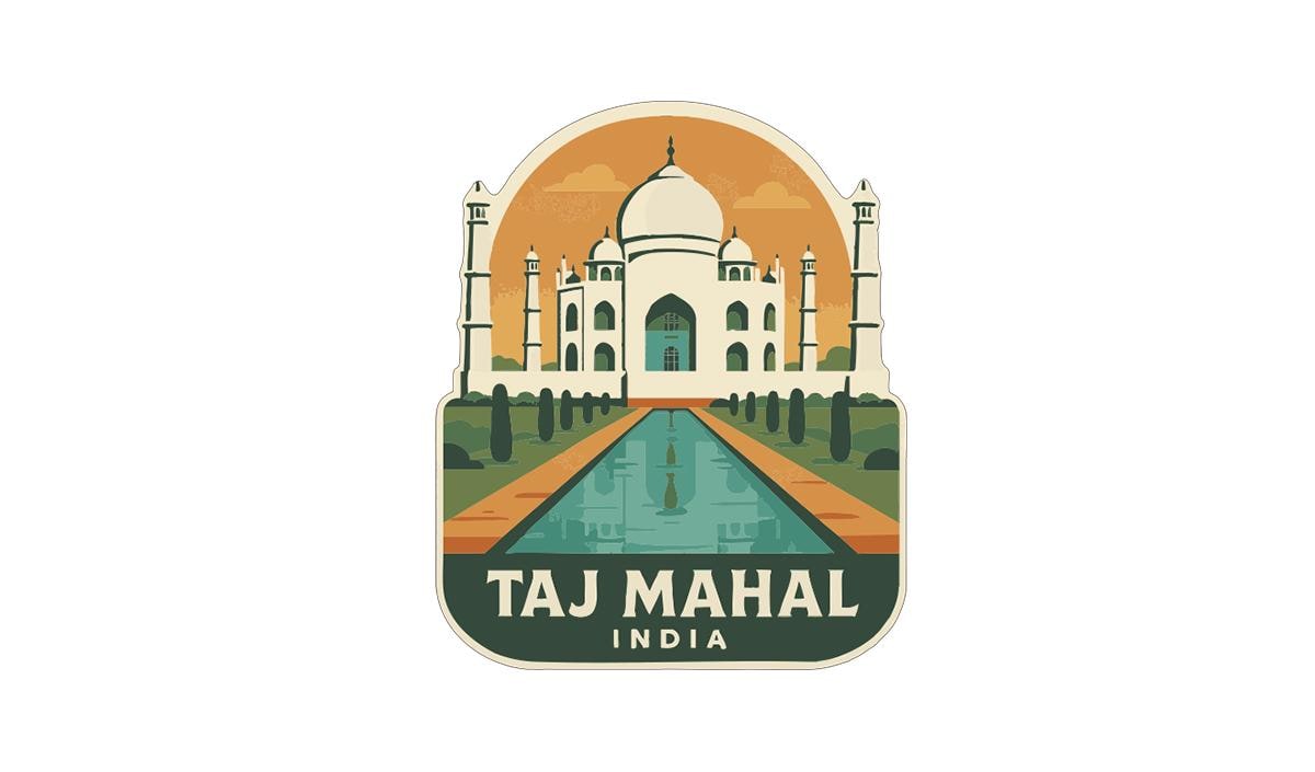 A stylized illustration of the Taj Mahal, a famous mausoleum in India, with a pool in the foreground and a warm orange and yellow sky in the background.
