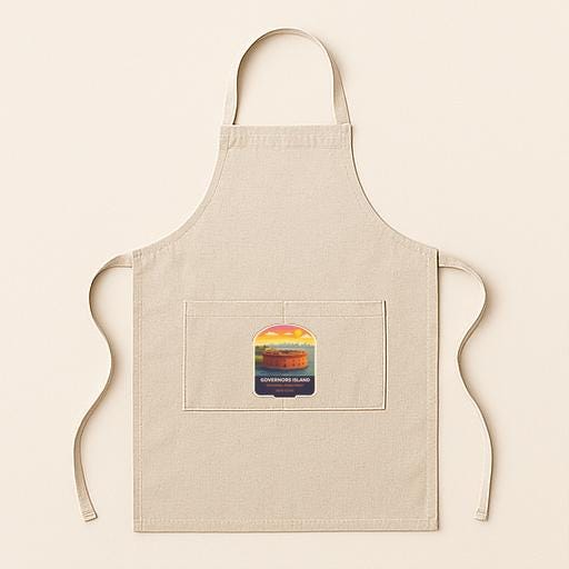 A beige apricot with a small graphic of a sunset on it, displayed against a plain background.