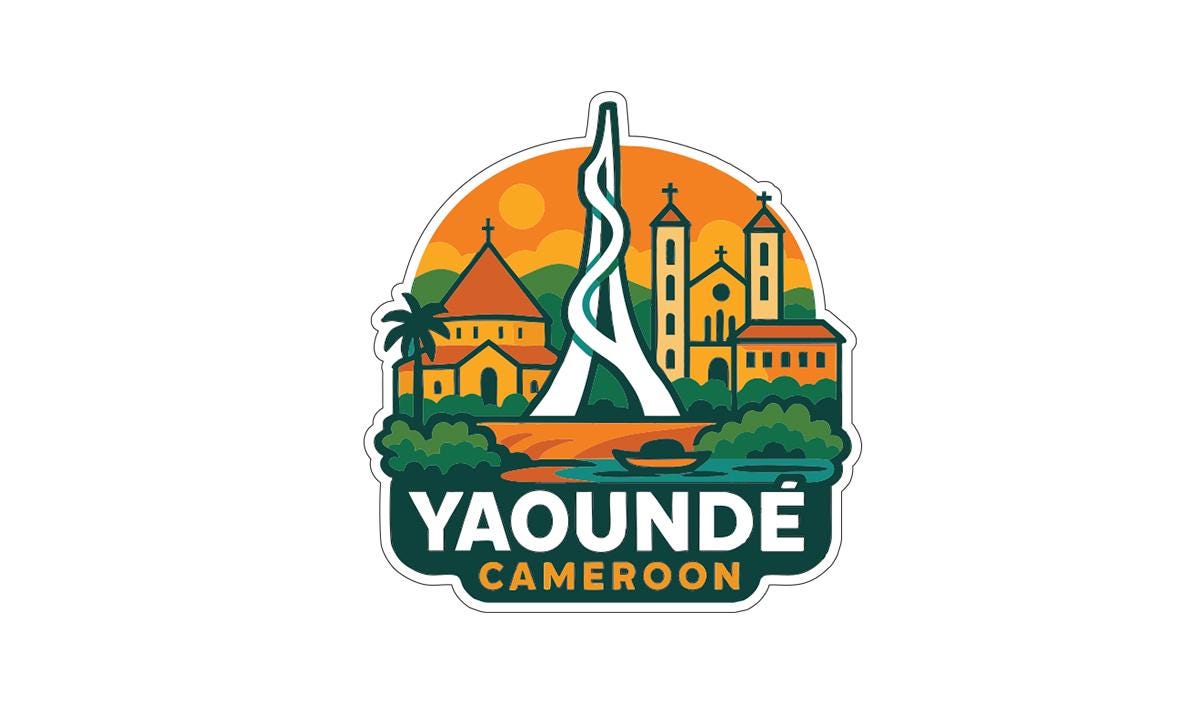a stylized illustration of a cityscape with buildings, a tower, and a palm tree, along with the text "Yaounde Cameroon" prominently displayed.