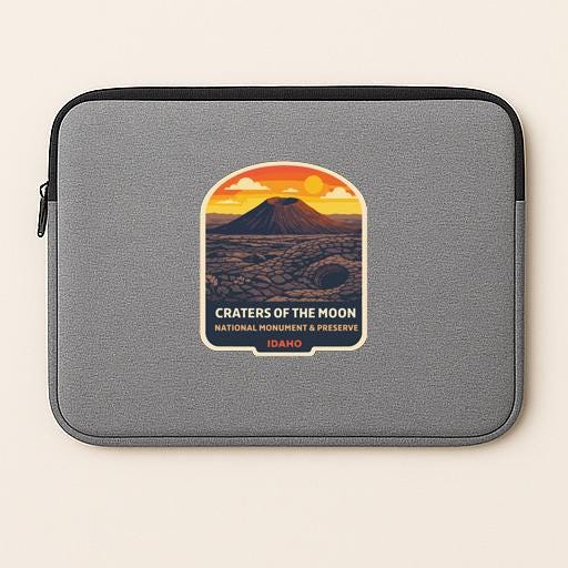 A gray laptop sleeve with a graphic design depicting Craters of the Moon National Monument and Preserve in Idaho.